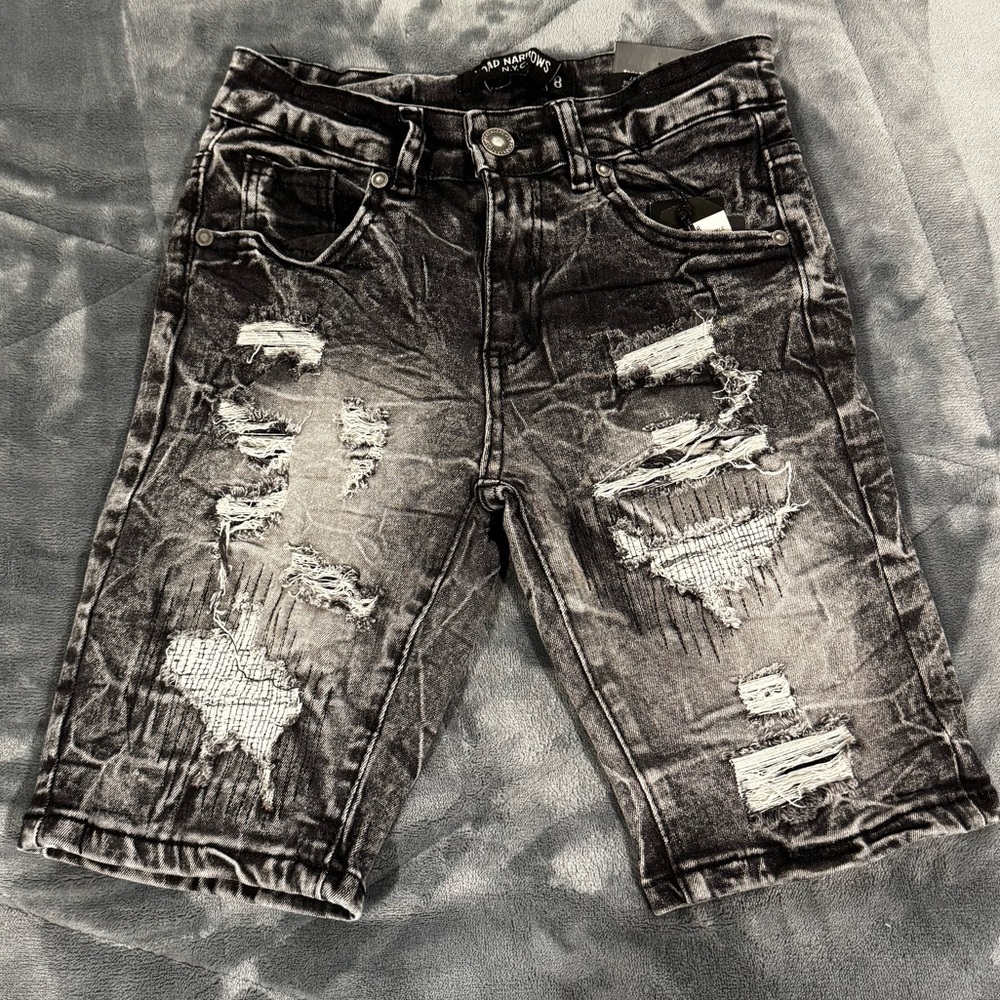 Brand New Road Narrows NYC Distressed Ripped Black Jean Shorts (Size 8)